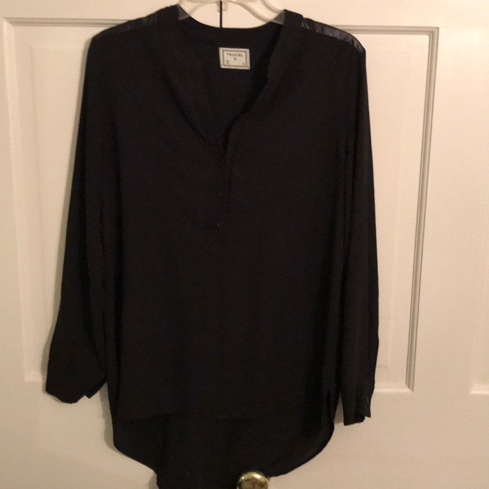 Black long sleeve blouse with leather shoulders